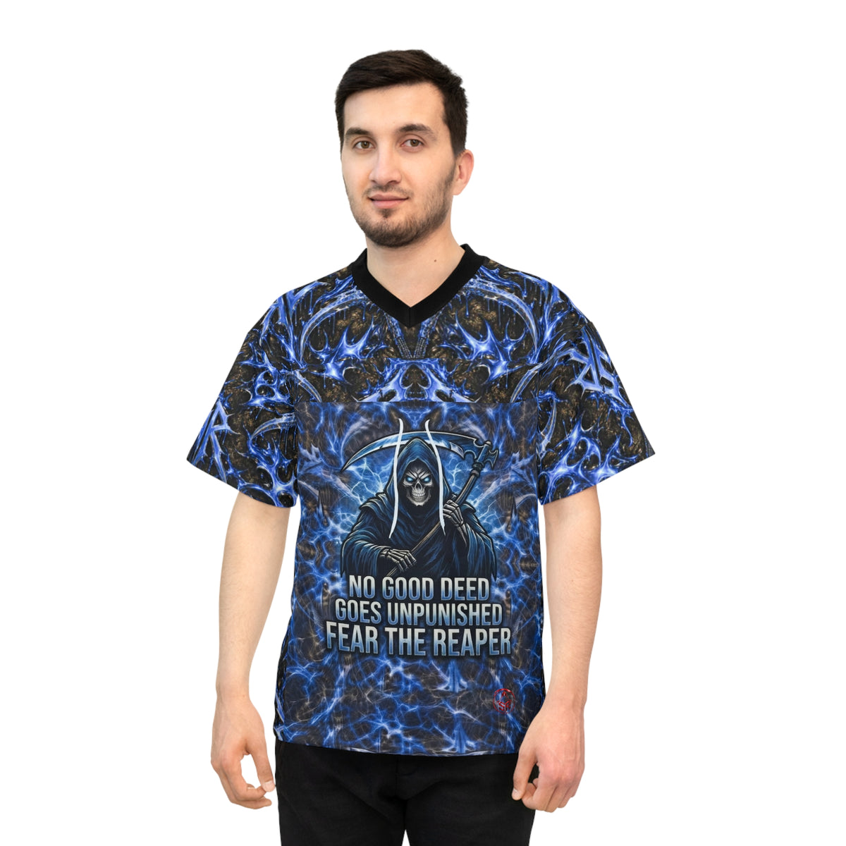 Fear The Reaper "No Good Deed Goes Unpunished" Football Jersey — Gothic All-Over Print