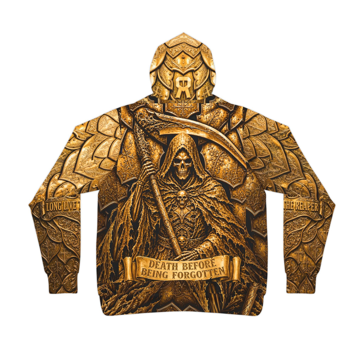 Long Live The Reaper Gold Athletic Hoodie — "Death Before Being Forgotten" Graphic