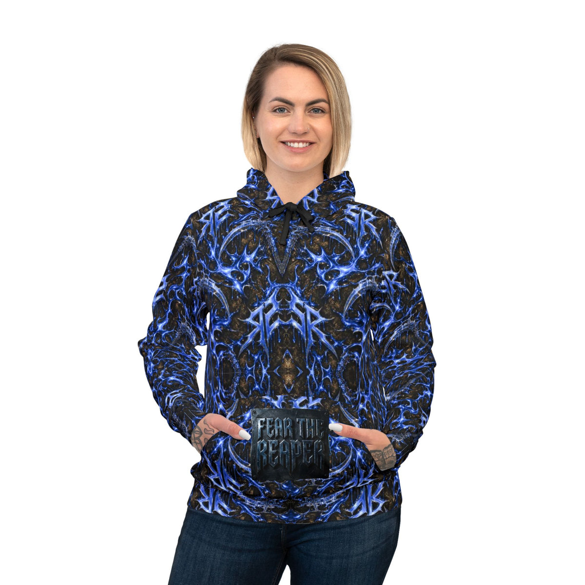 Fear The Reaper Athletic Hoodie – Blue Gothic Reaper  Design (All-Over Print)